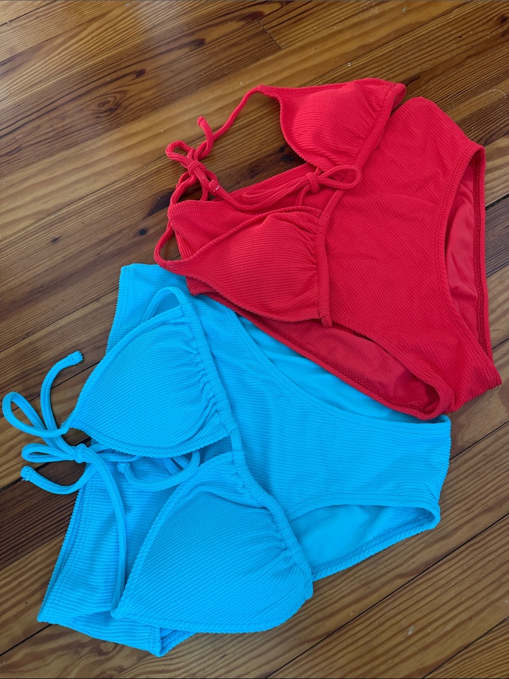 High-Waist Ribbed Bikini Set in Bright Blue and Red